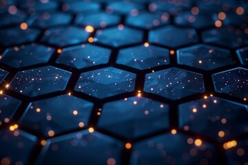 Wall Mural - glowing hexagonal pattern in deep blue with shimmering lights and cosmic reflections