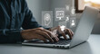 © vecto club - Person types on a laptop keyboard with digital icons representing AI, online learning, goals, and user profiles, symbolizing modern education and technology integration.