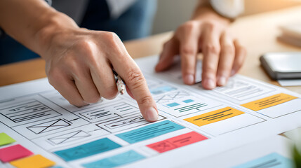 a person's hands pointing at a detailed website layout