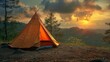 © NuriAlam - Orange teepee tent at sunset, hilltop camping, overlooking hazy green mountains