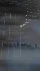 Wall Mural - Animation of graphs, loading circles and trading board over modern cityscape against cloudy sky