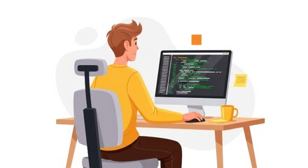 A programmer is coding on a computer at his desk