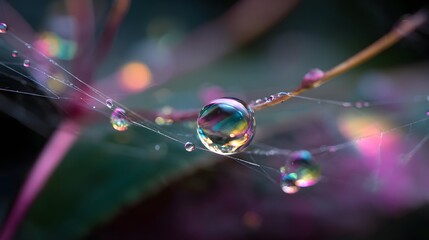 delicate droplet filled with rainbow like reflections gently resting on the intricate strands of a s