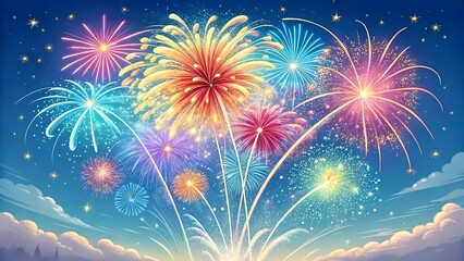 Vibrant exploding pyrotechnics illuminating the night sky with dazzling bursts of color and light