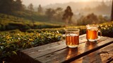 Beautiful tea farm at sunrise with wooden table in foreground, hot tea and iced tea in glass mugs, steam rising, warm golden light, rows of tea bushes stretching to horizon.
