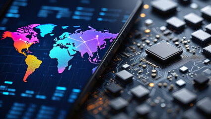 Global network connectivity displayed on a vibrant world map alongside a detailed circuit board.