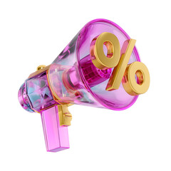 Wall Mural - Captivating 3D rendered megaphone in striking pink and purple crystal like hues featuring a prominent percent symbol to convey a fashion or retail sale announcement in a bold eye catching manner