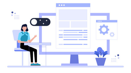 Product designer testing dark mode UI, flat vector illustration
