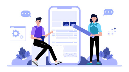 Design team crafting mobile-first brand assets, flat vector illustration