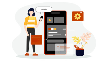 Product designer testing dark mode UI, flat vector illustration