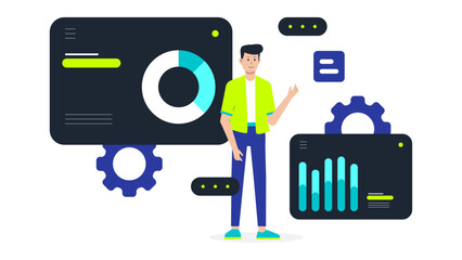 Product designer testing dark mode UI, flat vector illustration