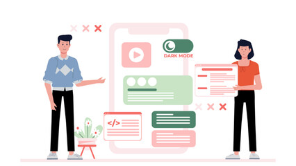 Product designer testing dark mode UI, flat vector illustration