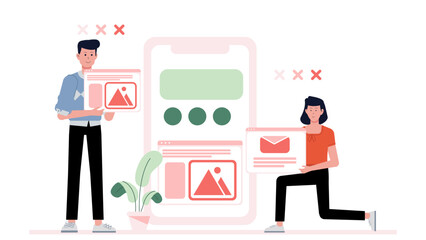 design team crafting mobile-first brand assets, flat vector illustration