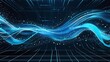 © Rizky - Futuristic digital wave background with glowing blue and cyan flowing lines, particle trails, light dots, and motion blur, dark tech grid background, high contrast style.