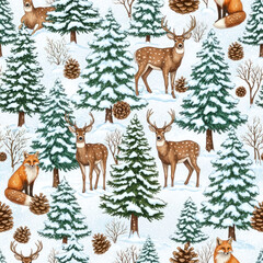 Naklejka na meble Winter Wonderland: Deer, Fox, and Snow-Covered Forest