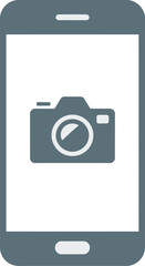 A gray smartphone displaying a camera icon on its screen against a light gray background