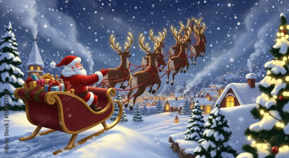 Santa Claus flying his sleigh pulled by reindeer over a snowy village ...