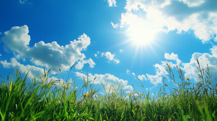 Wall Mural - green field and blue sky. field and clouds