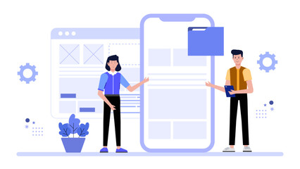 Design team updating icon set for app redesign, flat vector illustration
