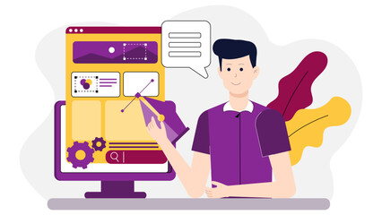Product designer refining high-fidelity mockups, flat vector illustration