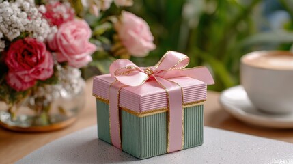 Wall Mural - Small white gift box with pink satin bow on a clean white background, ideal for celebrations and promotions.