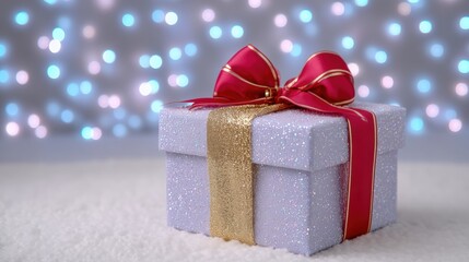 Wall Mural - Glittery gift box with a gold ribbon and red bow on a snowy surface, set against a backdrop of colorful bokeh lights.