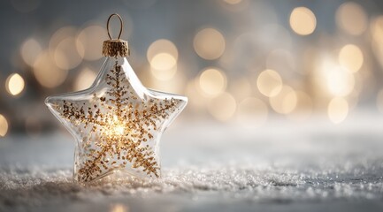 Wall Mural - A glass star ornament with golden glitter sits on snow, illuminated by warm bokeh lights in the background, creating a festive and cozy holiday atmosphere.