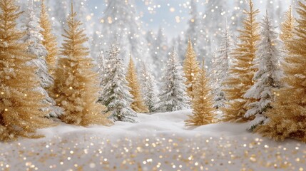 Wall Mural - A winter wonderland with golden and snow-covered trees under a sparkling sky, creating a magical and festive atmosphere.