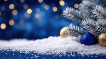 Wall Mural - Snowy fir branches with blue and gold ornaments against a blurred festive background of warm bokeh lights.