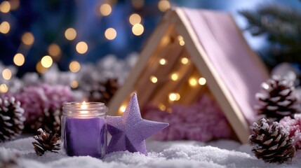 Wall Mural - Purple candle and star ornament in snowy setting with pinecones and a lit wooden structure in the background, evoking a cozy winter ambiance.