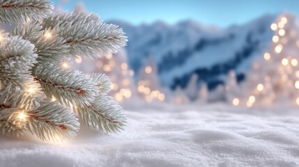 Wall Mural - Snowy pine branches with warm lights in a winter landscape, featuring blurred mountains and bokeh in the background.