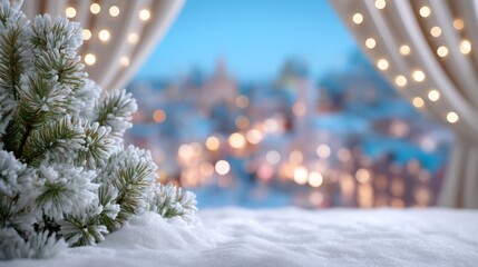 Wall Mural - Snow-covered pine branches with a blurred cityscape and festive lights in the background, creating a cozy winter scene.
