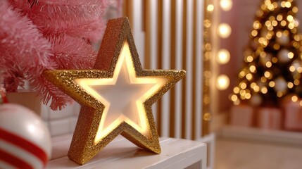 Poster - a glowing gold star decoration on a festive table, with a pink christmas tree and blurred lights in 