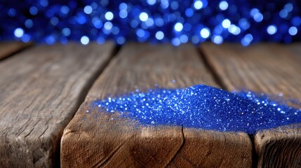 Wall Mural - blue glitter scattered on rustic wooden planks with a blurred sparkling background, creating a festi