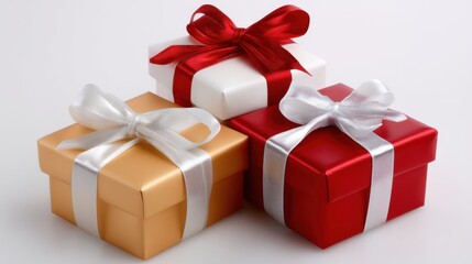 Wall Mural - Three elegantly wrapped gift boxes with red, white, and gold paper, adorned with matching satin ribbons, arranged on a white background.