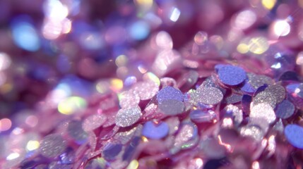 Wall Mural - close-up of sparkling purple and pink confetti, creating a vibrant, abstract background with a bokeh
