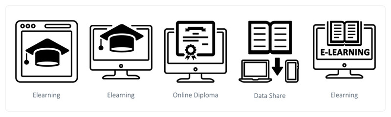 Wall Mural - a set of 5 mix icons as elearning, online diploma, data share