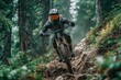 © pingpao - A mountain biker wearing full gear rides through a dense forest on a rocky trail, showcasing intense focus and skill in an adventurous outdoor setting.