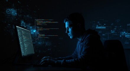 Focused Programmer Working Late - A programmer intensely focused on code, illuminated by screen glow in a dark room. Software development, late night work