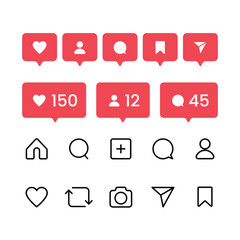 Social media instagram bubble icon. Like, follower, notification and comment set button. Like, Comment, Share, Save. Web Flat Icon. Vector illustration for web app design.