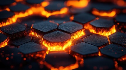 Wall Mural - glowing hexagon lava texture, dark background, abstract art, tech design