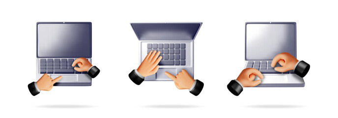 Vector 3d cartoon hands on laptop keyboard and touchpad. Set of online work elements for communication and internet service.