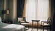 © Alger - Elegant Hotel Room Interior, Neatly Made Bed with Crisp Sheets, Morning Light Filtering, Delicate Table and Chairs Set