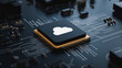 © CreativeIMGIdeas - Cloud Computing: a close-up shot highlighting a central processing unit (CPU) with a cloud icon, on a motherboard that represents modern digital infrastructure.