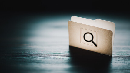 Wall Mural - search icon folder:a search icon is subtly illuminated on a beige folder resting on a dark wooden su