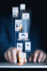 Wall Mural - digital information stream: a visually compelling image of a person interacting with a laptop, symbo