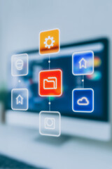 Wall Mural - connected digital interface: futuristic digital interface icons layered on a modern computer screen,