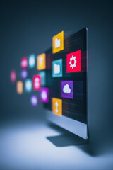 Wall Mural - modern digital interface: the monitor illuminates with an array of digital icons, offering a glimpse