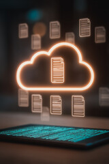 Wall Mural - cloud data storage: a neon cloud icon represents the digital cloud, with data streams and a tablet r