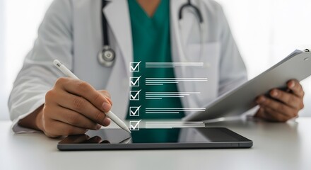 Doctor checks medical checklist using digital tablet, representing healthcare, telemedicine, and remote patient monitoring in clinic.